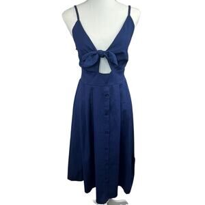 Yidarton Navy Blue Tie Front Summer Tank Midi Dress Size M Smocked Back
